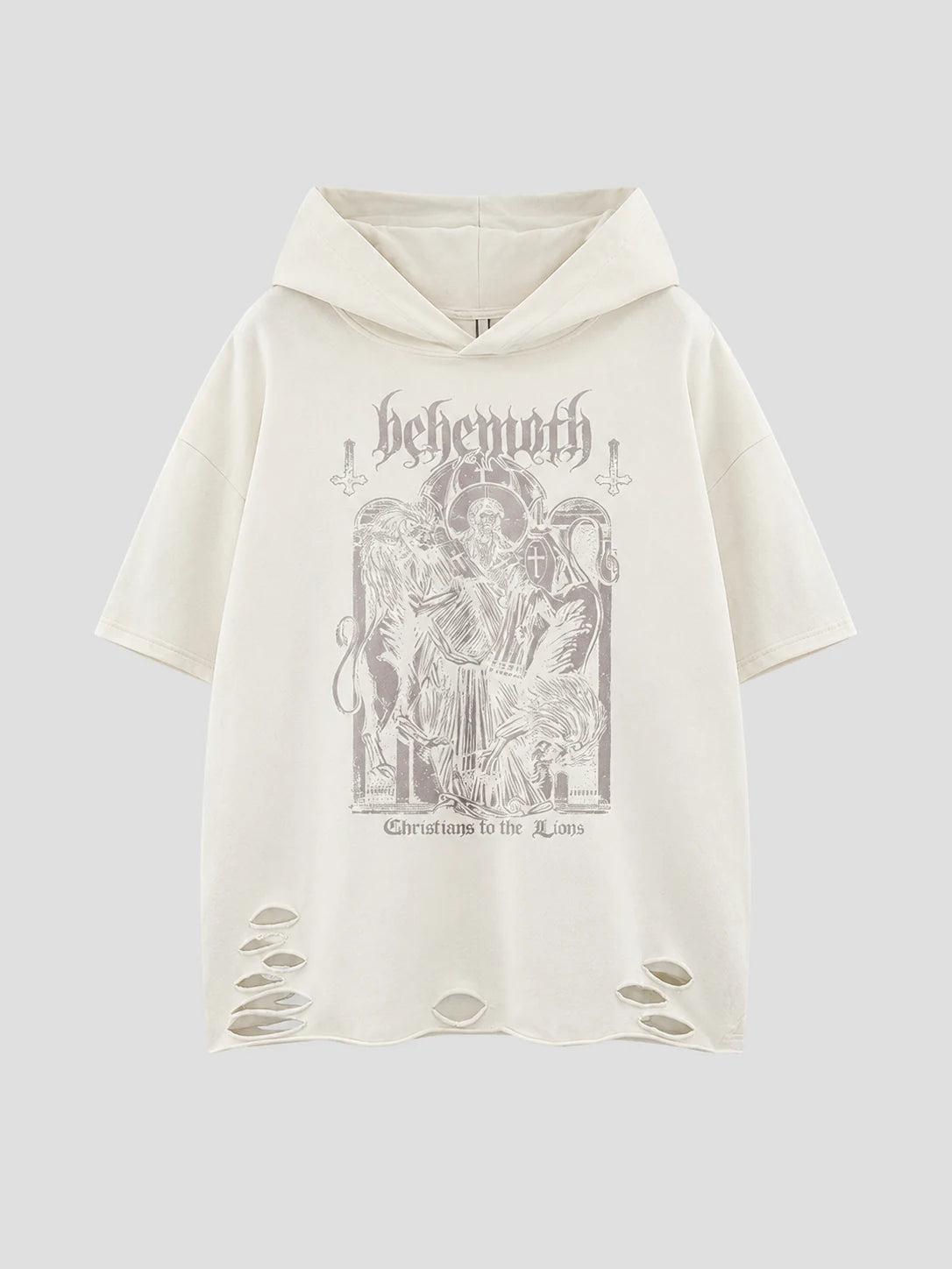 None Unit Wolf Relic Distressed Hooded Tee in off white product front view