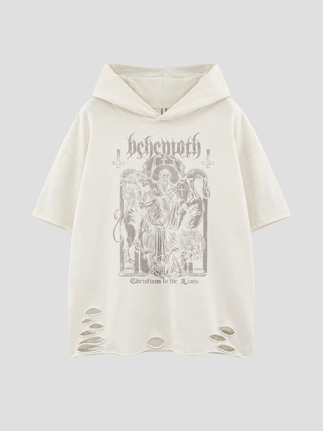 None Unit Wolf Relic Distressed Hooded Tee in off white product front view