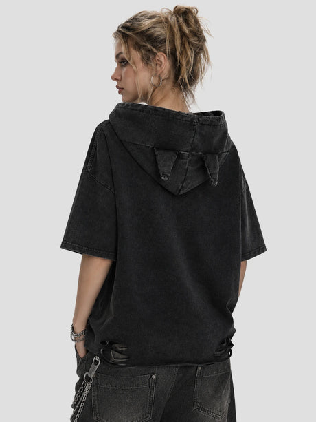 None Unit Wolf Relic Distressed Hooded Tee in washed black female model back view