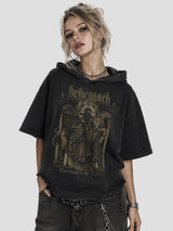 None Unit Wolf Relic Distressed Hooded Tee in washed black female model front view