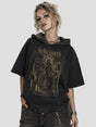 None Unit Wolf Relic Distressed Hooded Tee in washed black female model front view