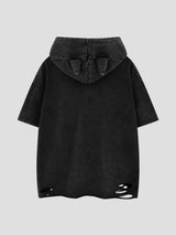 None Unit Wolf Relic Distressed Hooded Tee in washed black product back view