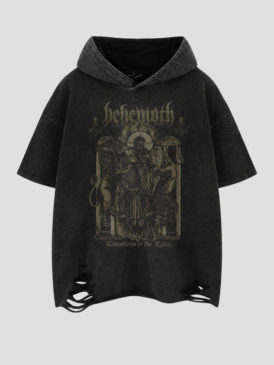 None Unit Wolf Relic Distressed Hooded Tee in washed black product front view