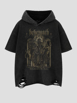 None Unit Wolf Relic Distressed Hooded Tee in washed black product front view