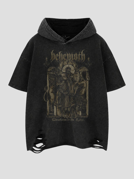 None Unit Wolf Relic Distressed Hooded Tee in washed black product front view