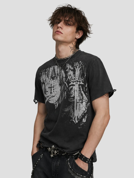 None Unit Wraith Panel Distressed Tee in washed black model front view