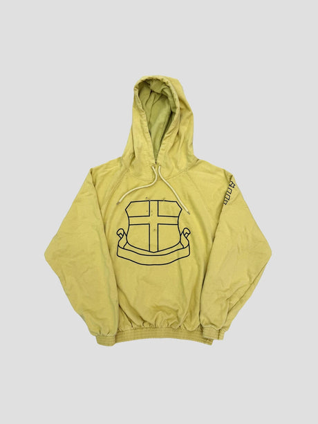 None Unit Yellow Shield Washed Hoodie in mustard yellow product front view