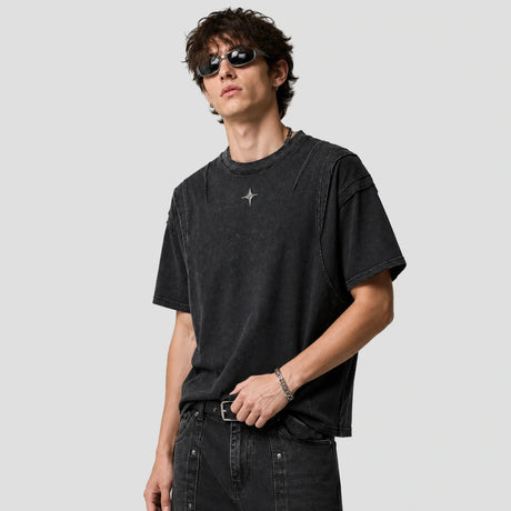 None Unit Orbital Panel Washed Tee in washed black model angle view