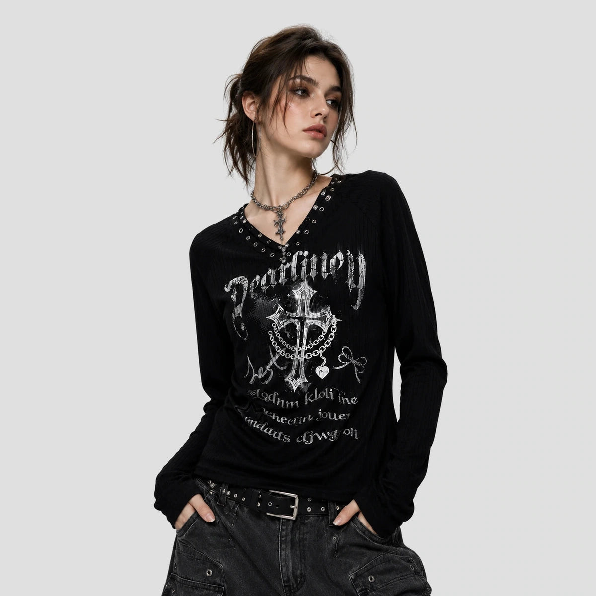 None Unit Rivet V-Neck Graphic Long-Sleeve Tee in black model front view