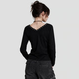 None Unit Rivet V-Neck Graphic Long-Sleeve Tee in black model back view