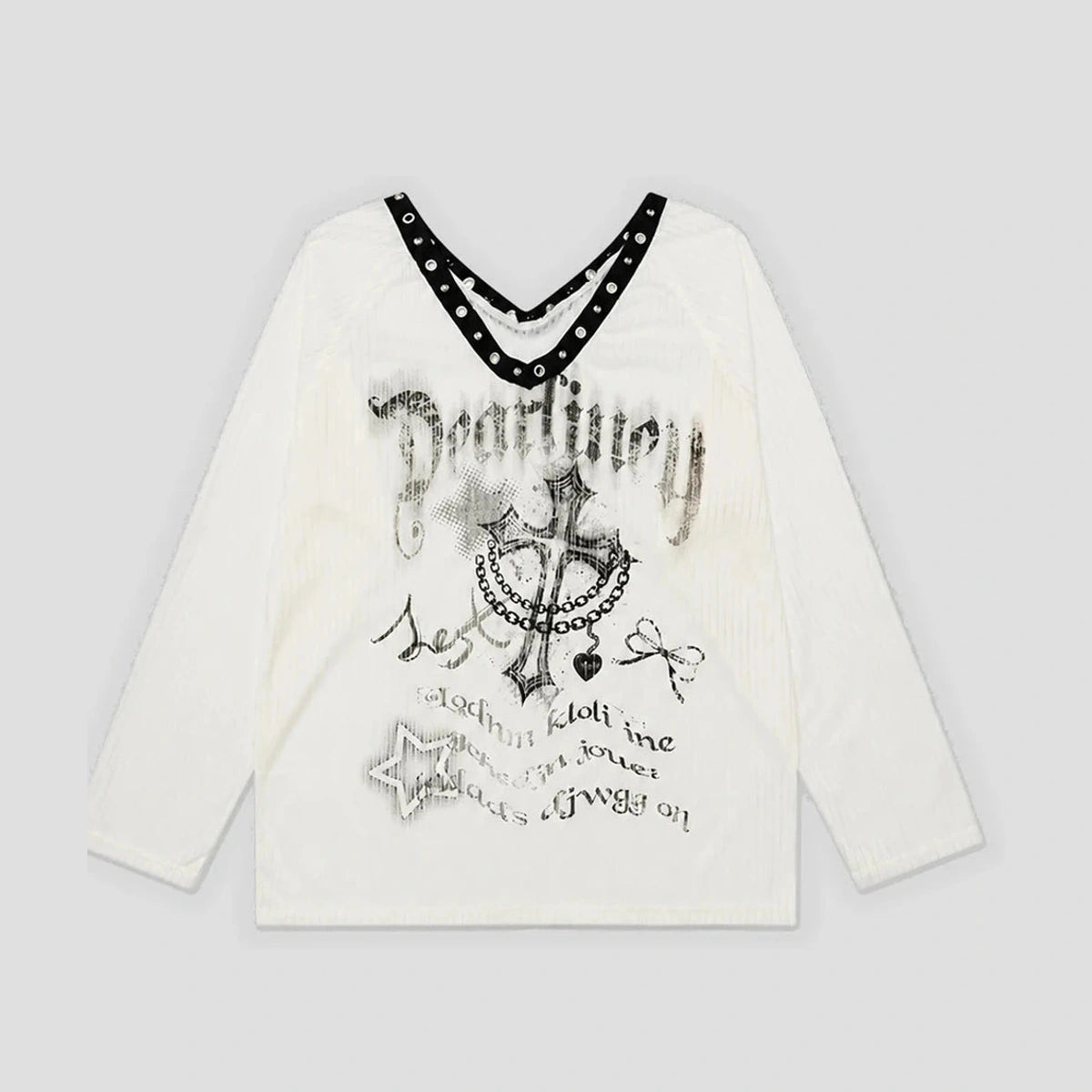 None Unit Rivet V-Neck Graphic Long-Sleeve Tee in white product front view