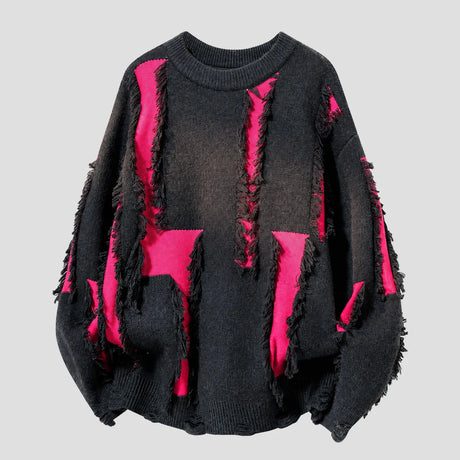 None Unit Shard Panel Distressed Sweater in red product front view