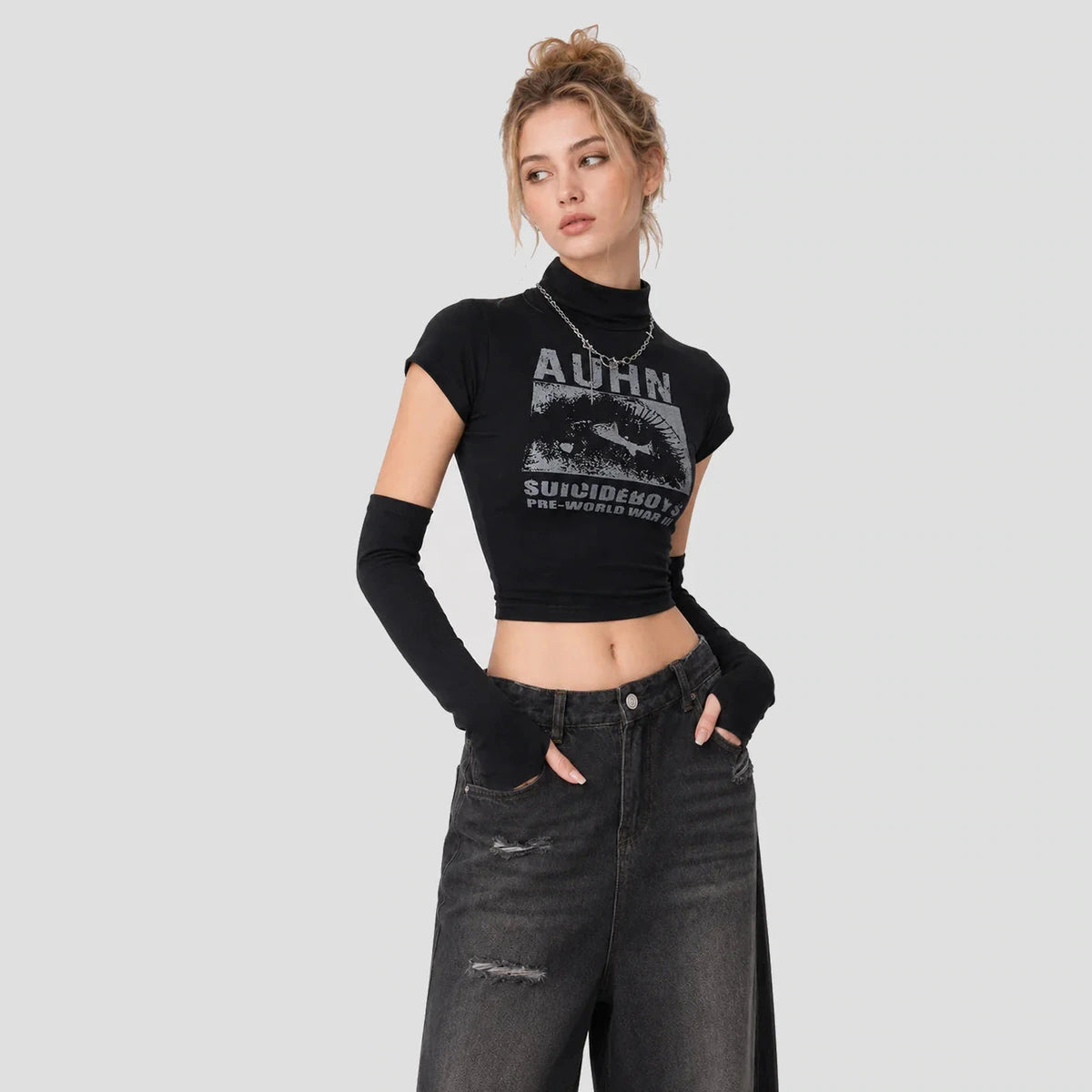 None Unit black cropped mock neck graphic top with arm sleeves styling view