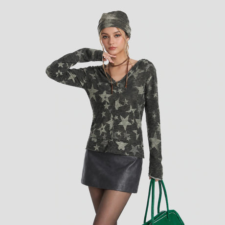 None Unit Star Camo V-neck Hooded Top in green female model detail view