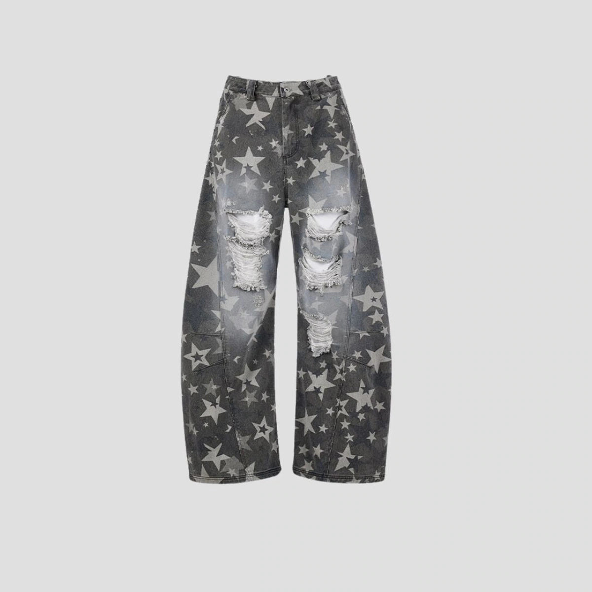 STAR-PATTERN DISTRESSED CURVED PANTS