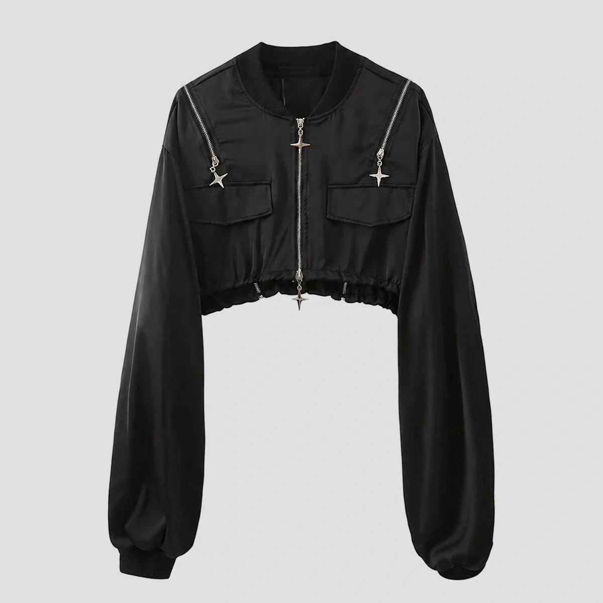 None Unit Star Zip Cropped Bomber Jacket in black product front view
