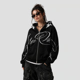 None Unit Tribal Script Zip Hoodie in black model front view