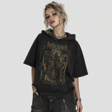 None Unit Wolf Relic Distressed Hooded Tee in washed black female model front view