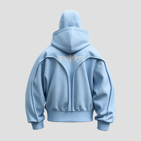 None Unit double hood mask zip hoodie in sky blue, back view on clean light background